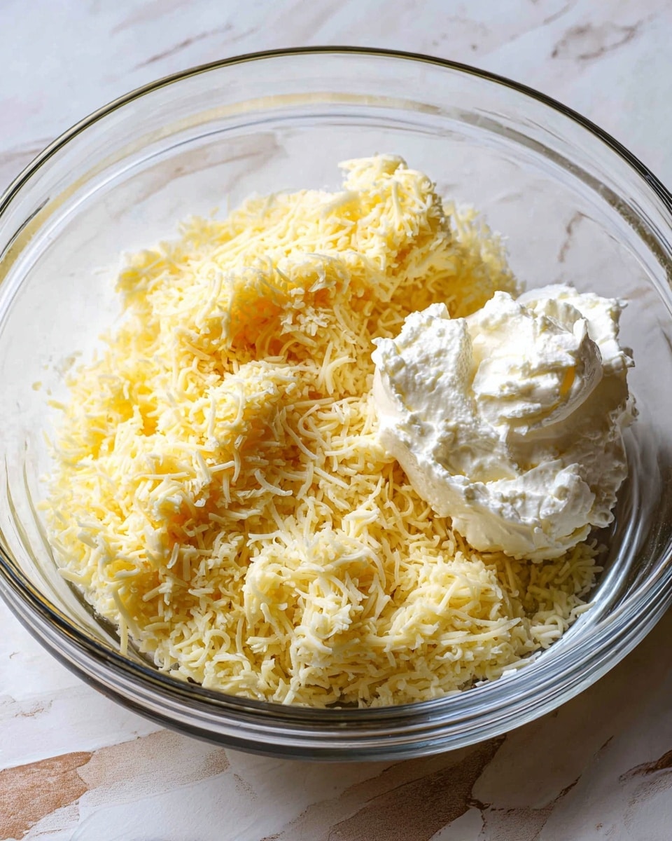 A clear glass bowl sits on a white marbled surface filled with two main layers: the bottom layer is pale yellow shredded cheese with a soft and slightly crumbly texture, and the top layer is a small dollop of thick, white creamy cheese positioned to the right side of the bowl. The cheese layers contrast in texture and color, with the yellow shredded cheese looking slightly fluffy and the white cheese smooth but dense. photo taken with an iphone --ar 4:5 --v 7