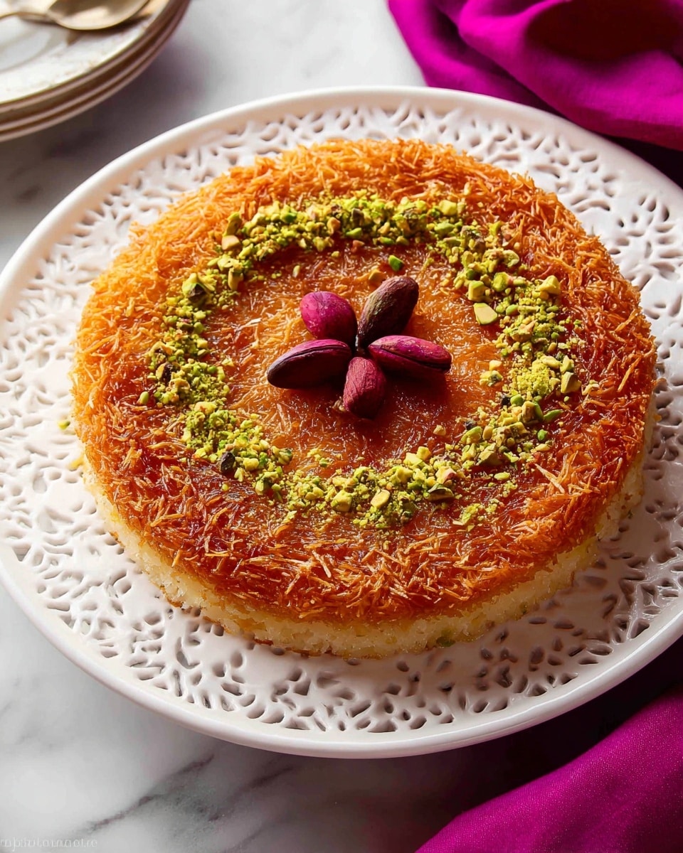A single-layer round dessert with a crispy, golden-brown shredded texture covers the entire surface, topped with chopped green and light brown pistachios arranged in a circle near the edge. In the center, there are six whole reddish-brown pistachios placed in a flower shape. The dessert sits on a white plate with intricate cut-out patterns around the rim, placed on a white marbled surface with a folded magenta cloth to the right side. photo taken with an iphone --ar 4:5 --v 7