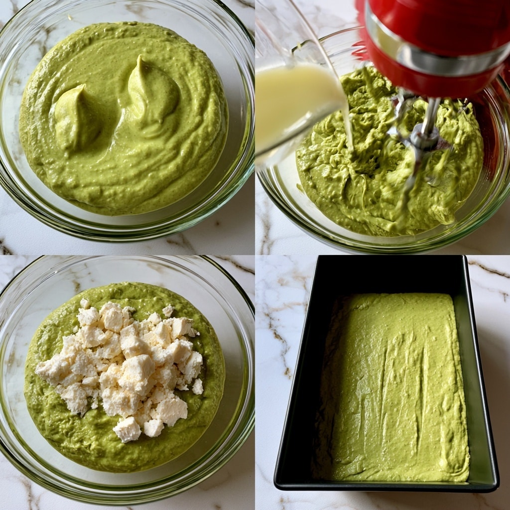The image shows four steps of making a green batter. In the first part, a clear glass bowl contains thick pale green batter with two soft peaks on the surface, placed on a white marbled surface. The second part shows a red mixer with beaters working inside the same clear glass bowl, mixing the green batter, with a pale yellow liquid being poured in. In the third part, white crumbly cheese is added on top of the green batter inside the same glass bowl, placed on the white marbled surface. The last part shows the green batter smoothed evenly inside a black rectangular baking pan on the white marbled surface. Photo taken with an iphone --ar 4:5 --v 7