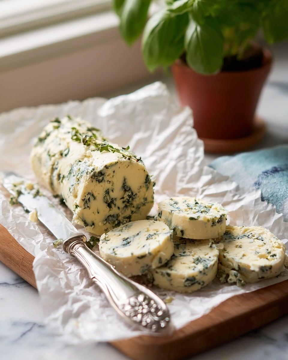 A roll of herb butter rests on crinkled white parchment paper on a wooden cutting board with a white marbled surface underneath. The butter is a pale creamy color with visible dark green herb bits mixed inside. Several round slices are cut from the roll, arranged in a slight arc to the right. In the lower left is a silver butter knife with an ornate handle resting on the parchment paper. The background is softly blurred, showing a small green basil plant in a terracotta pot and a light blue and white cloth. The lighting is natural and bright, highlighting the texture of the butter and herbs. Photo taken with an iphone --ar 4:5 --v 7