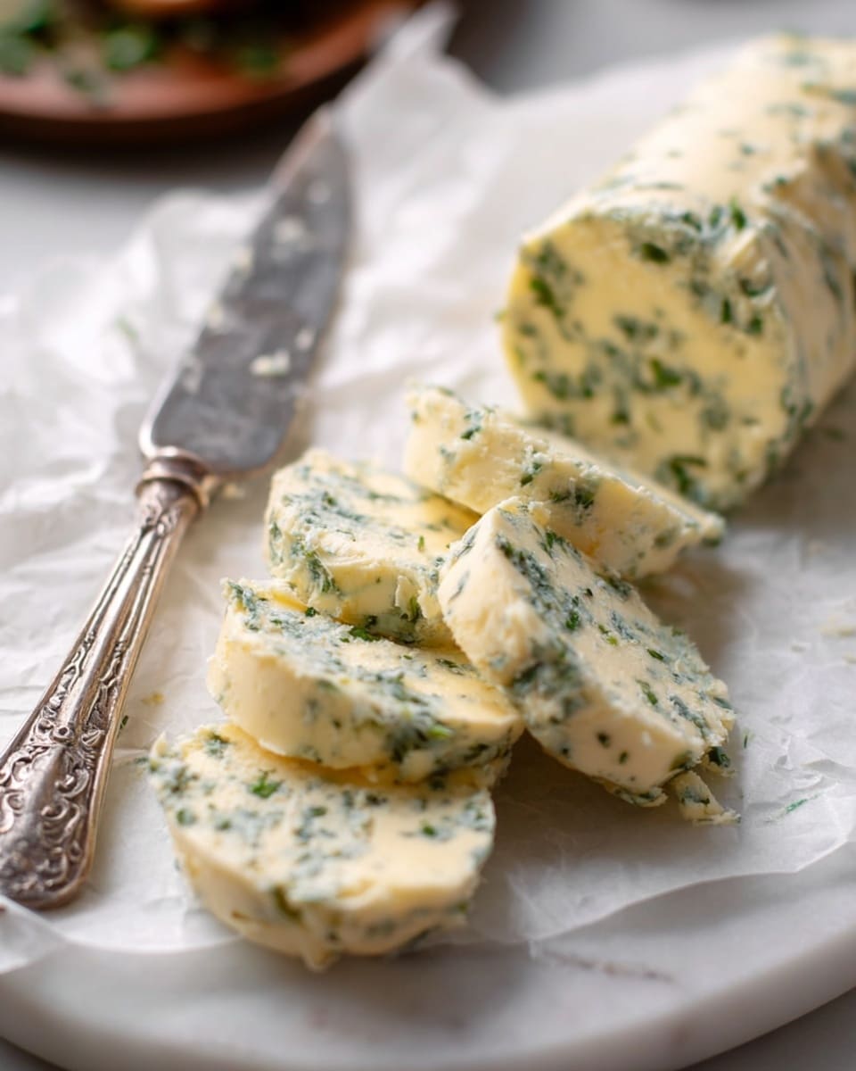 A roll of herb butter is placed on white parchment paper over a white marbled surface, with six slices cut and arranged in a slightly curved row in front of the roll. The butter is pale yellow with small green herb flecks evenly distributed inside. On the left side of the image, an ornate silver knife with a slightly worn handle rests partly out of focus on the parchment paper. The background is softly blurred, emphasizing the herb butter slices in the foreground. Photo taken with an iphone --ar 4:5 --v 7