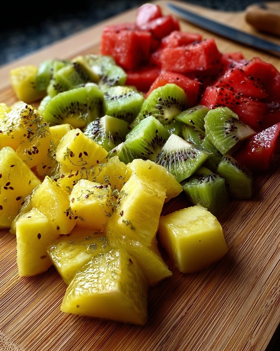The image shows a wooden board with three groups of cut kiwi fruits arranged in horizontal rows. The front row contains large chunks of yellow kiwi, with smooth, shiny surfaces and small black seeds scattered inside. The middle row has green kiwi pieces, sliced into smaller chunks showing a mix of light and dark green with black seeds. The back row has red kiwi slices that are similarly cut into small chunks with red flesh and darker red seeds. The wooden board has a natural grain texture, and the lighting highlights the juicy, fresh look of the fruit. photo taken with an iphone --ar 4:5 --v 7