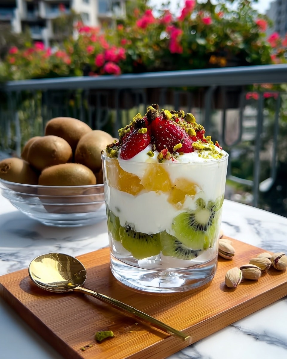 The dish is a clear glass dessert cup on a wooden board, with layers starting at the bottom with white yogurt, followed by green sliced kiwi pieces touching the glass, then more white yogurt, and on top, chunky yellow fruit pieces and several red strawberry halves with some crushed green pistachio nuts scattered on the very top. Around the board, there are pistachio nuts and a shiny gold spoon next to the cup. In the background, there is a clear white bowl filled with whole brown kiwis, all set on a white marbled surface with blurred outdoor railing and flowers behind. Photo taken with an iphone --ar 4:5 --v 7