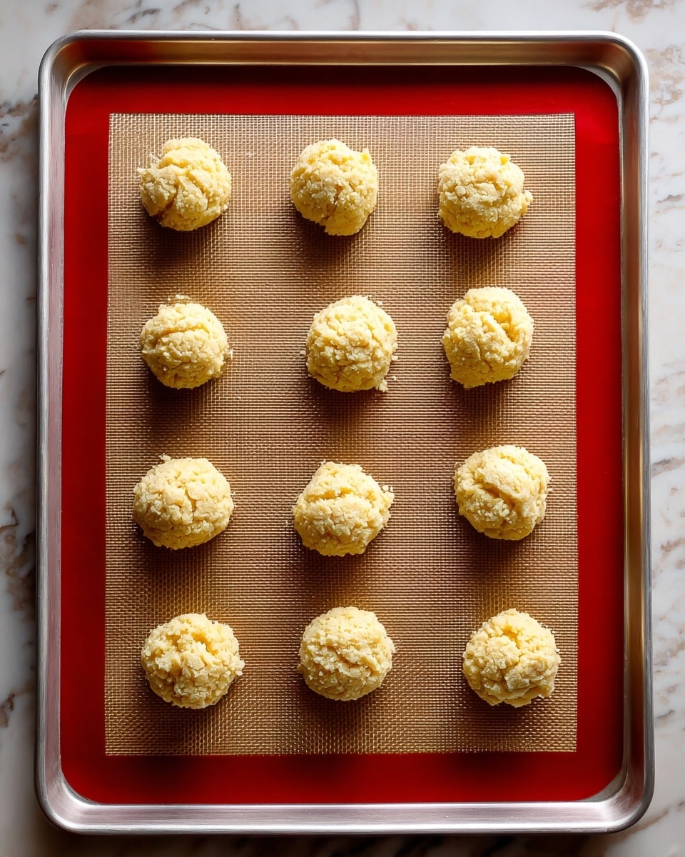 Twelve small, rough-textured, pale yellow cookie dough balls are evenly spaced on a rectangular baking tray lined with a red-edged silicone baking mat. The dough balls are arranged in three rows and four columns, each with a slightly uneven, crumbly surface. The baking tray sits on a white marbled texture surface visible around its edges. photo taken with an iphone --ar 4:5 --v 7