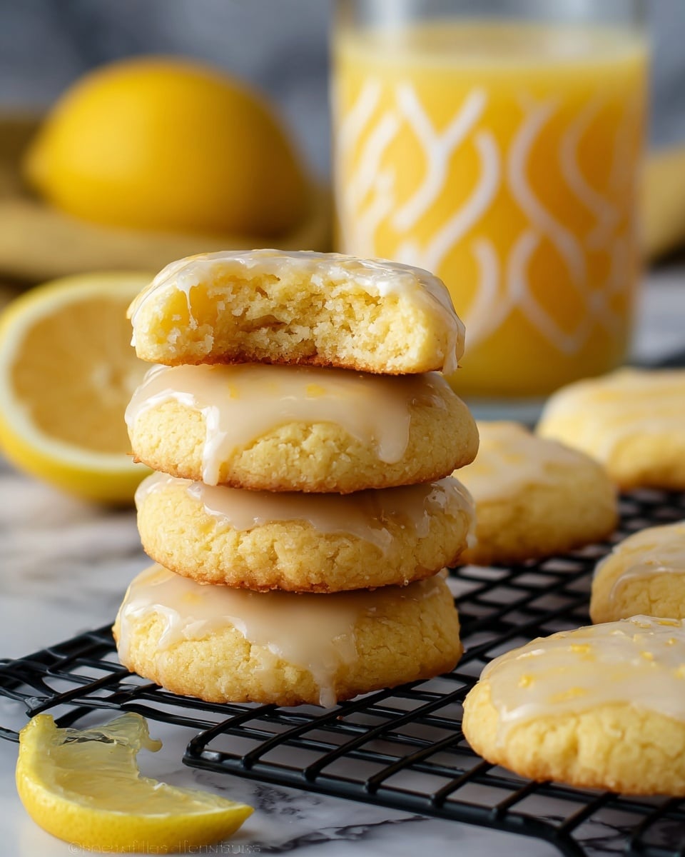The image shows a stack of three soft yellow lemon cookies with a smooth light yellow glaze on top, placed on a black wire cooling rack. One cookie on top of the stack is bitten, revealing a fluffy and moist inside with a soft texture. Around the stack, there are more cookies with the same glaze, and a halved lemon is partly visible on the left side near the bottom. The scene is set on a surface with a white marbled texture, and in the background, there is a glass of orange juice with white frothy top and a white and yellow pattern. Photo taken with an iphone --ar 4:5 --v 7