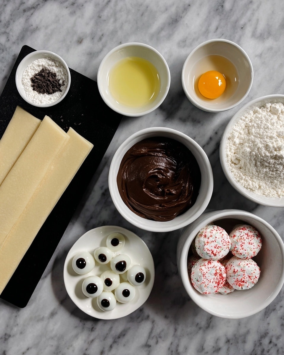The image shows several square pastries designed to look like mummies, placed on a black cooling rack lined with parchment paper over a white marbled surface. Each pastry has a golden-brown, flaky top layer made of strips of dough crisscrossed to resemble mummy wrappings, dusted lightly with white powdered sugar. Underneath the dough strips is a dark chocolate filling visible through the gaps. Each pastry features two round white candy eyes with black pupils placed near the top center of the visible filling, giving a playful, wide-eyed look. One pastry also has a small black plastic spider decoration on the lower right side. The pastries vary slightly in size but share the same layered structure and colors. Photo taken with an iphone --ar 4:5 --v 7