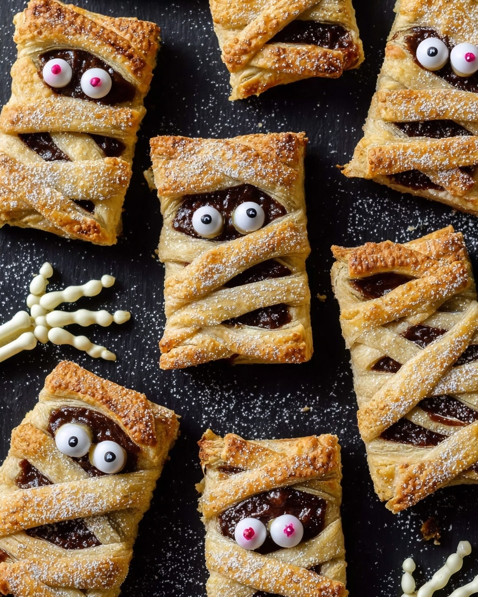 This image shows nine rectangular pastries on a black background, designed to look like mummies. Each pastry has a thick golden-brown crust with uneven strips laid across the top, giving a wrapped look. Underneath the crust strips, dark chocolate filling is visible. Each pastry has two small round candy eyes placed on the chocolate, with some eyes white and others slightly pink or with red veins. A white skeleton hand is partly visible beneath one pastry at the bottom left corner. Light powdered sugar dusts the pastries evenly. One candy eye has fallen off and lies on the surface near the middle right. photo taken with an iphone --ar 4:5 --v 7