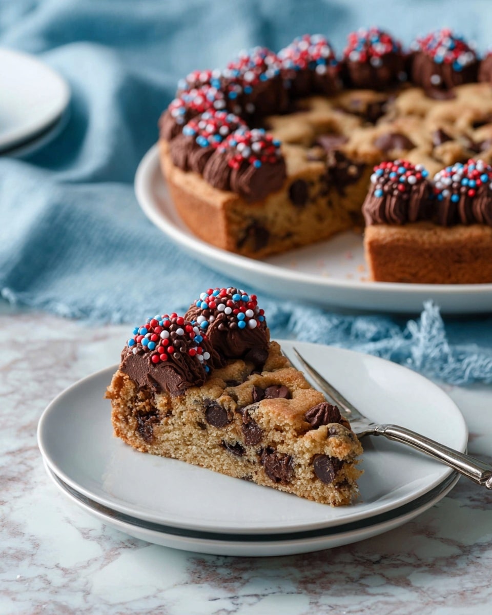A round chocolate chip cookie cake sits in the center of a white plate with a thin brown rim, placed on a white marbled surface. The cake has a light brown, soft-looking base filled with scattered dark chocolate chips. Around the edge of the cake, there is a ring of piped dark chocolate frosting dollops, each topped with small round sprinkles in red, white, and blue. The background includes a small white heart-shaped dish filled with similar sprinkles near the top left and a blue cloth draped loosely on the top right. photo taken with an iphone --ar 4:5 --v 7