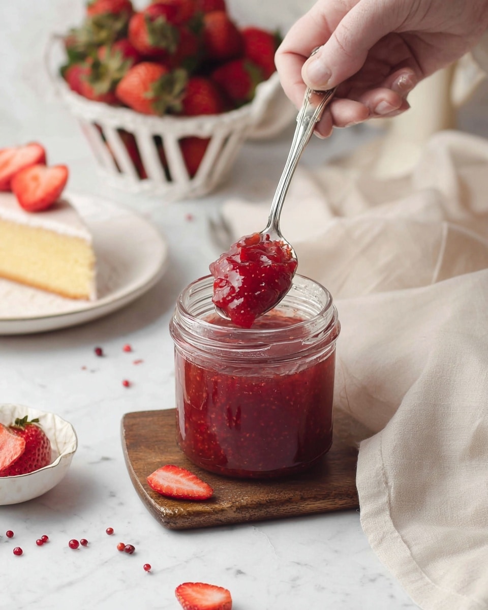 A clear glass jar filled with chunky red strawberry jam sits on a white marbled surface with a wooden board underneath it. A woman's hand holds a silver spoon above the jar, scooping up the thick jam full of strawberry pieces. Around the jar, there are halved fresh strawberries and small red peppercorns scattered on the surface. In the background, a white basket filled with whole fresh strawberries and a white plate with a slice of light yellow cake topped with a strawberry slice are visible. A light beige cloth is draped on the right side of the image. Photo taken with an iphone --ar 4:5 --v 7