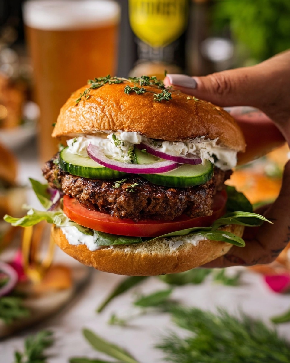 A close-up view of a burger held by a tattooed arm with a woman’s hand gripping the top bun. The burger has a shiny golden brown bun on top, sprinkled with small green herbs. Below the top bun, there is a layer of white sauce, thin slices of purple onion, and green cucumber slices stacked neatly. A thick, dark brown grilled burger patty sits below these layers. Under the patty, there is a slice of red tomato and fresh, bright green leaves resting on a bottom bun spread with more white sauce. The burger is held against a blurred background with some green herbs and glasses of amber liquid on a white marbled surface. photo taken with an iphone --ar 4:5 --v 7