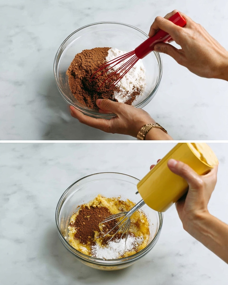 Two photos show mixing ingredients in a clear glass bowl placed on a white marbled surface. In the first photo, a woman's hand is holding a clear bowl with dry ingredients including brown cocoa powder and white flour, while another woman's hand stirs with a red whisk. The powder colors blend mid-motion. In the second photo, a yellow electric mixer is held by a woman's hand, mixing a yellowish-brown mixture with white sugar sprinkled on top in the same clear bowl on the white marbled surface. Photo taken with an iphone --ar 4:5 --v 7
