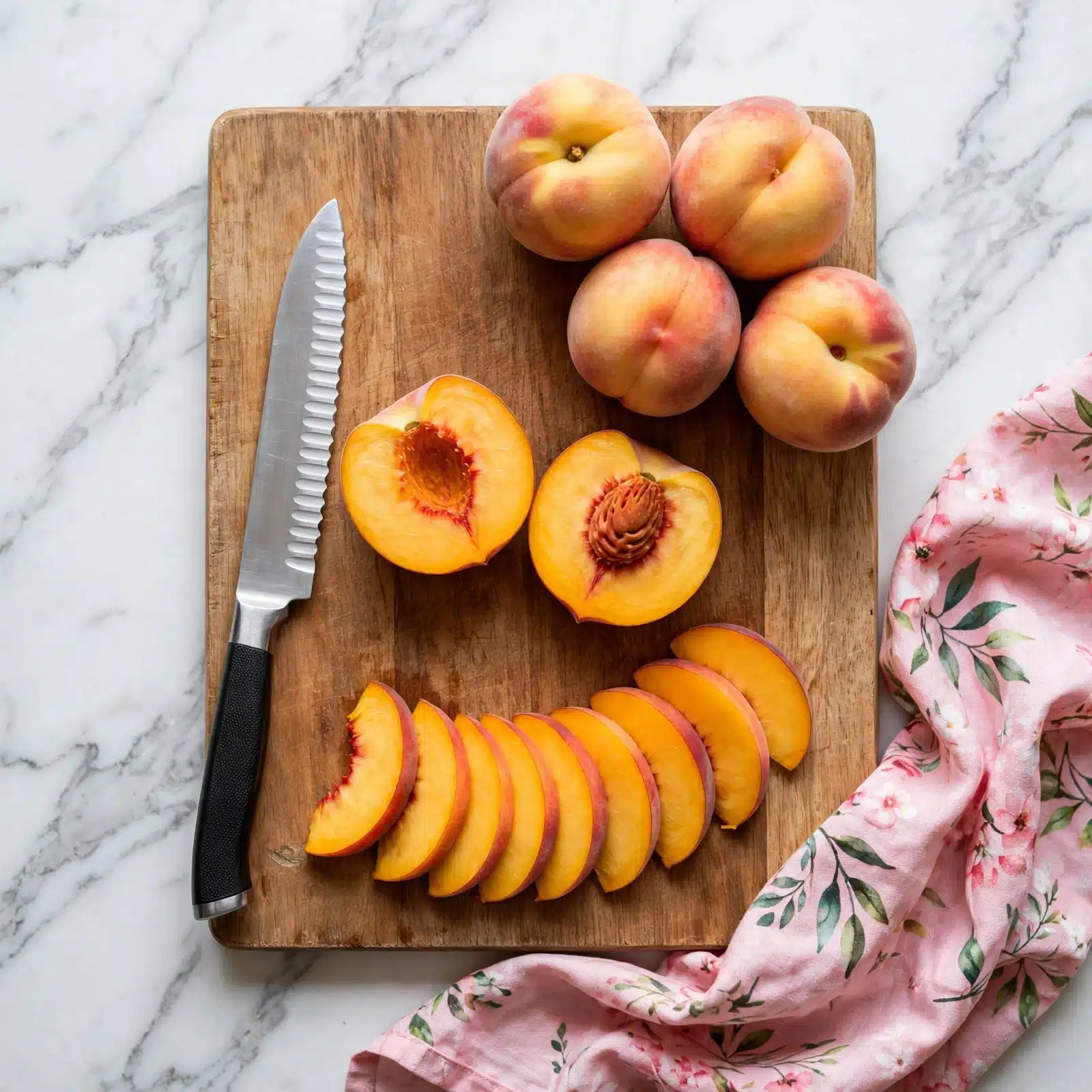 The image shows a wooden cutting board on a white marbled surface with four whole peaches positioned on the top right. Two peach halves with bright orange flesh and reddish-brown pits sit near the center of the board. Below these halves are multiple thin slices of peach arranged in a slight arc along the bottom half of the board. To the left side lies a silver knife with a ridged blade edge. A pink cloth with floral and leaf patterns is draped along the bottom right corner of the scene. photo taken with an iphone --ar 4:5 --v 7