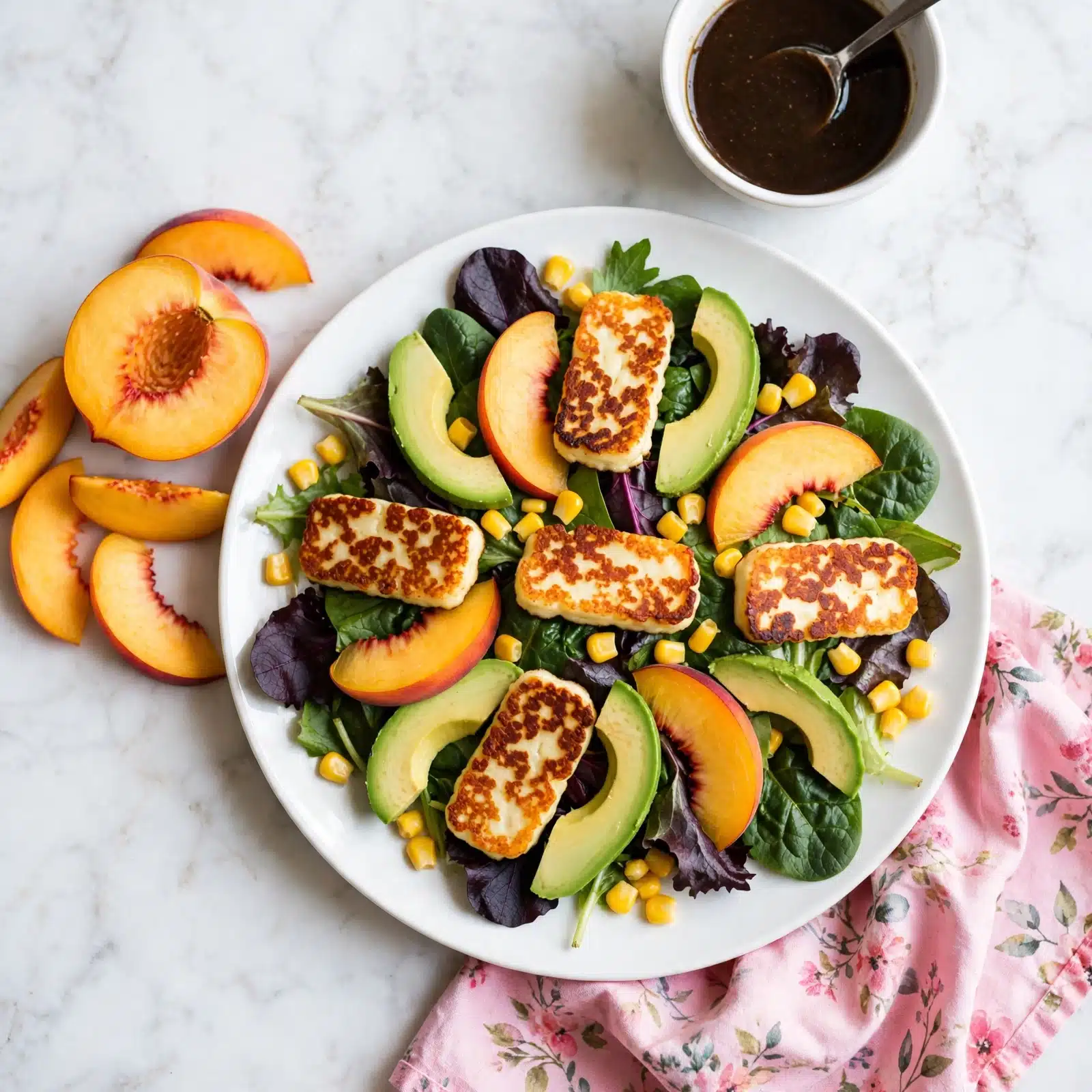 A white plate filled with dark green and purple mixed leafy greens forms the bottom layer, topped with bright yellow corn kernels scattered around. On top of the greens are golden brown fried cheese slices placed evenly. Fresh peach slices, yellow-orange with a hint of red near the edges, are spread across the salad along with pale green avocado slices. A white marbled surface is visible underneath the plate, with additional peach slices nearby. photo taken with an iphone --ar 4:5 --v 7
