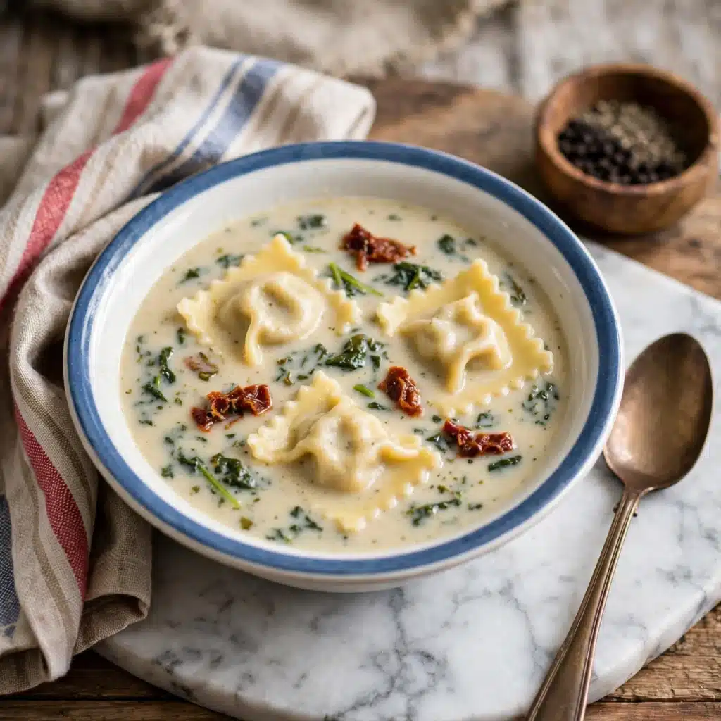 Creamy Sun-Dried Tomato & Spinach Soup with Ravioli Recipe