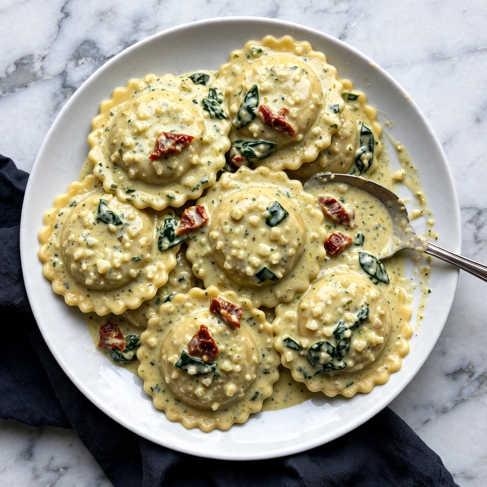 Creamy Sun-Dried Tomato & Spinach Soup with Ravioli Recipe 5 A white bowl with a blue rim holds a creamy soup with three visible ravioli pieces floating on top. The soup has a light beige color with small bits of cooked green leafy vegetables, likely spinach, and sun-dried tomatoes scattered throughout. The ravioli have a pale yellow color with crinkled edges. The bowl sits on a white marbled surface with a wooden texture under it, beside a folded striped cloth in soft beige, red, and blue tones. To the right of the bowl is a bronze spoon, and in the background, there is a small wooden bowl filled with a black pepper mix. photo taken with an iphone --ar 4:5 --v 7
