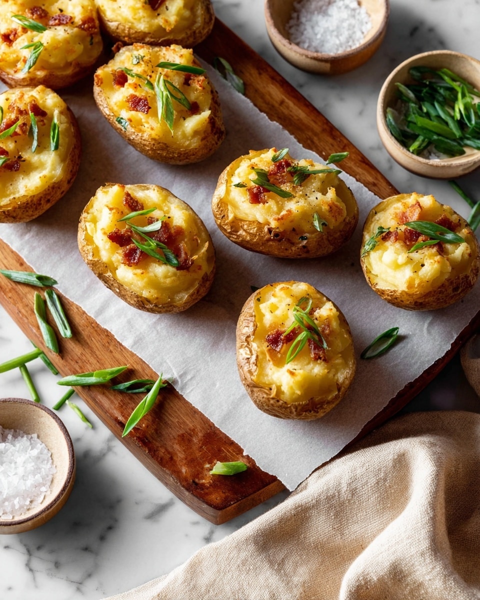 A row of small roasted potatoes is lined up on a dark wooden board with white paper beneath them, sitting on a white marbled surface. Each potato has a golden-brown textured skin and is topped with a creamy yellow cheese layer, sprinkled with small bits of bacon and garnished with bright green fresh herbs. The background is softly blurred, showing a white ceramic container with a lid and a wooden bowl, adding depth to the scene. Photo taken with an iphone --ar 4:5 --v 7