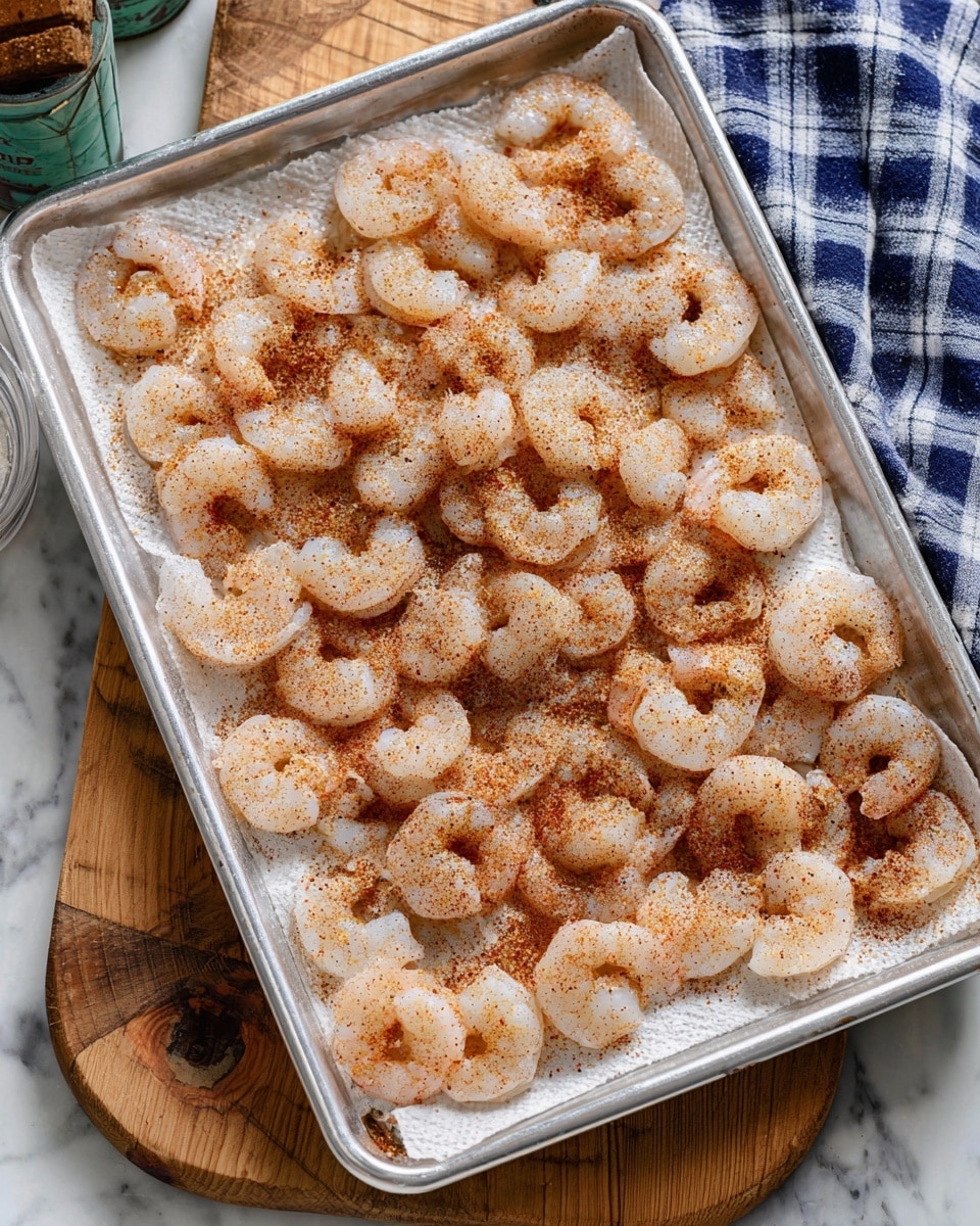 A tray filled with one layer of raw shrimp, laid on white paper towels inside a silver baking sheet. The shrimp are pale with a slight translucent quality, sprinkled evenly with a reddish-brown seasoning. The baking sheet sits on a white marbled surface, with parts of a blue and white checkered cloth and a round wooden cutting board visible around the edges. Photo taken with an iphone --ar 4:5 --v 7
