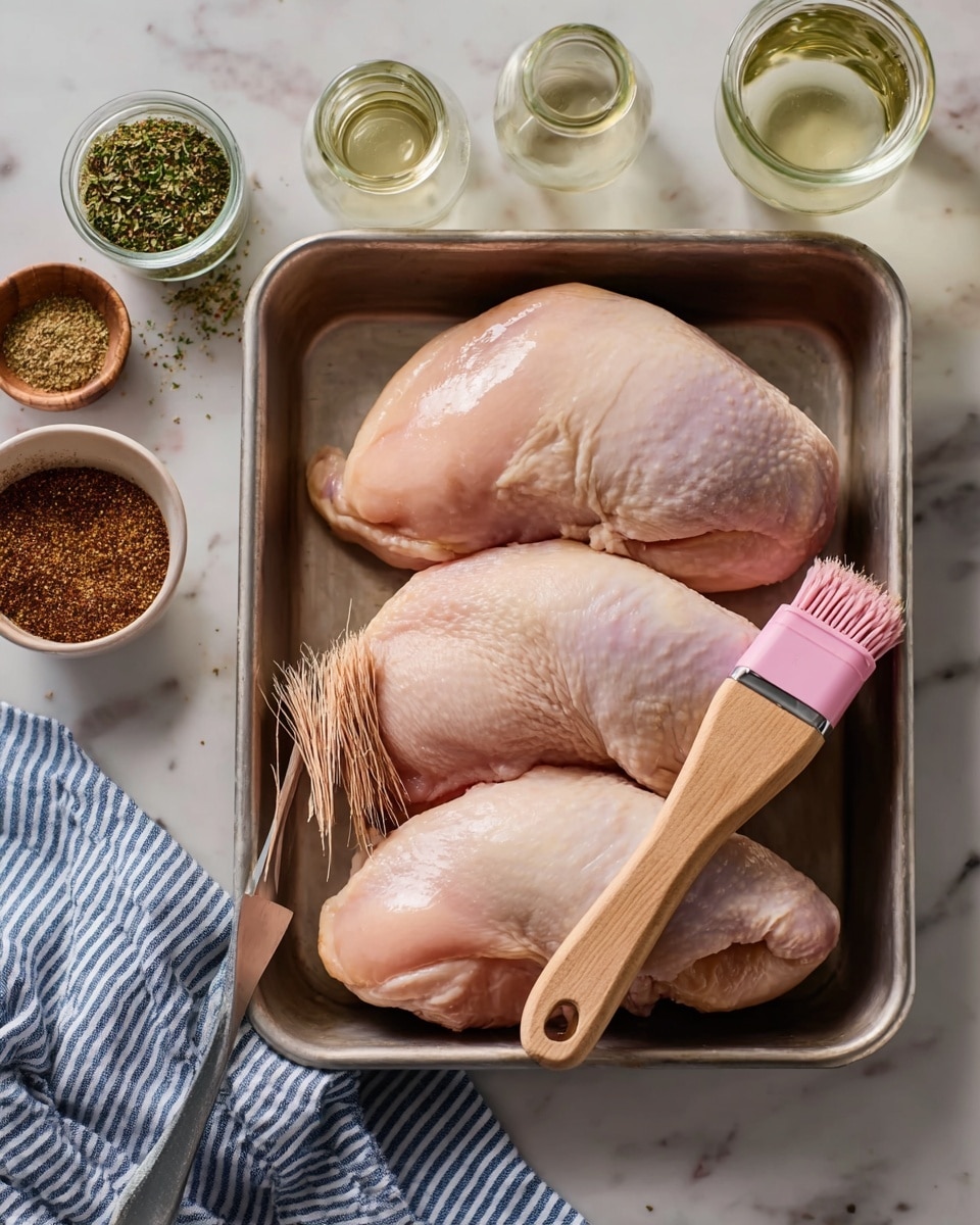 A metal tray holds three raw chicken pieces, pale pink in color with smooth texture, arranged side by side to fill the tray. A pink brush with light wood handle is placed on the lower right chicken piece. Around the tray on a white marbled surface are small bowls filled with different spices in earthy shades of brown and green, a small glass jar with greenish spices, a striped blue and white cloth, and two small glass containers with clear liquids, creating a clean and organized cooking scene. Photo taken with an iphone --ar 4:5 --v 7