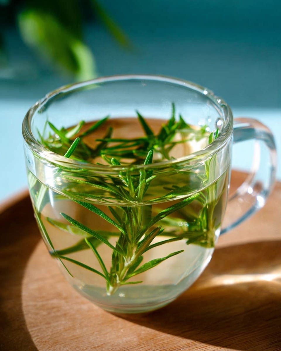 A clear glass cup filled with a light yellow-green liquid, inside which float several bright green rosemary sprigs. The cup has a handle on the right side and sits on a worn wooden board with visible scratches. To the left of the cup, a white cloth holds a small bunch of fresh, dark green rosemary. The setting rests on a white marbled surface. Photo taken with an iphone --ar 4:5 --v 7