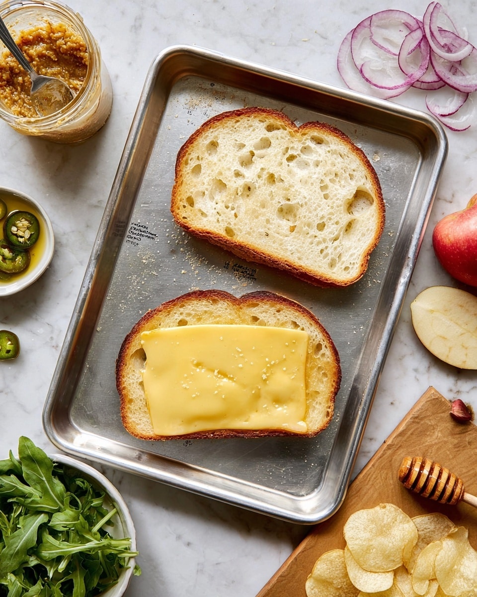 A grilled sandwich cut in half sits on a white speckled plate on a wooden board with a white marbled surface. The sandwich has four layers: the top two slices are toasted golden brown with melted cheese on top, beneath that are slices of green pickles, then fresh leafy green arugula, followed by thin slices of pale apple, and at the bottom, a layer of grainy mustard spread on rustic white bread. In the background, there is a bowl of leafy green arugula and a red apple. A few slices of pickle lie on the plate near the sandwich. Photo taken with an iphone --ar 4:5 --v 7