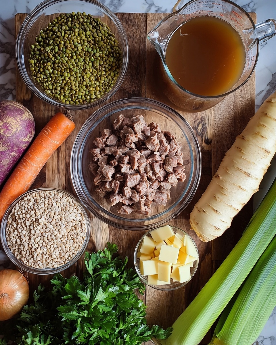 The image shows an overhead view of several ingredients arranged on a wooden surface. In the center, there is a clear glass bowl filled with small, chopped pieces of cooked meat. To its left, two smaller clear glass bowls contain green split peas and pale grains. A small glass bowl with yellow cubes of butter is placed near the center. Surrounding the bowls are fresh vegetables including an onion, two carrots, a large turnip with purple and cream colors, a long parsnip, and two long green leeks. Fresh green parsley lies at the bottom left. To the top right, there is a clear measuring cup filled with brownish liquid. The background is a white marbled texture. Photo taken with an iphone --ar 4:5 --v 7