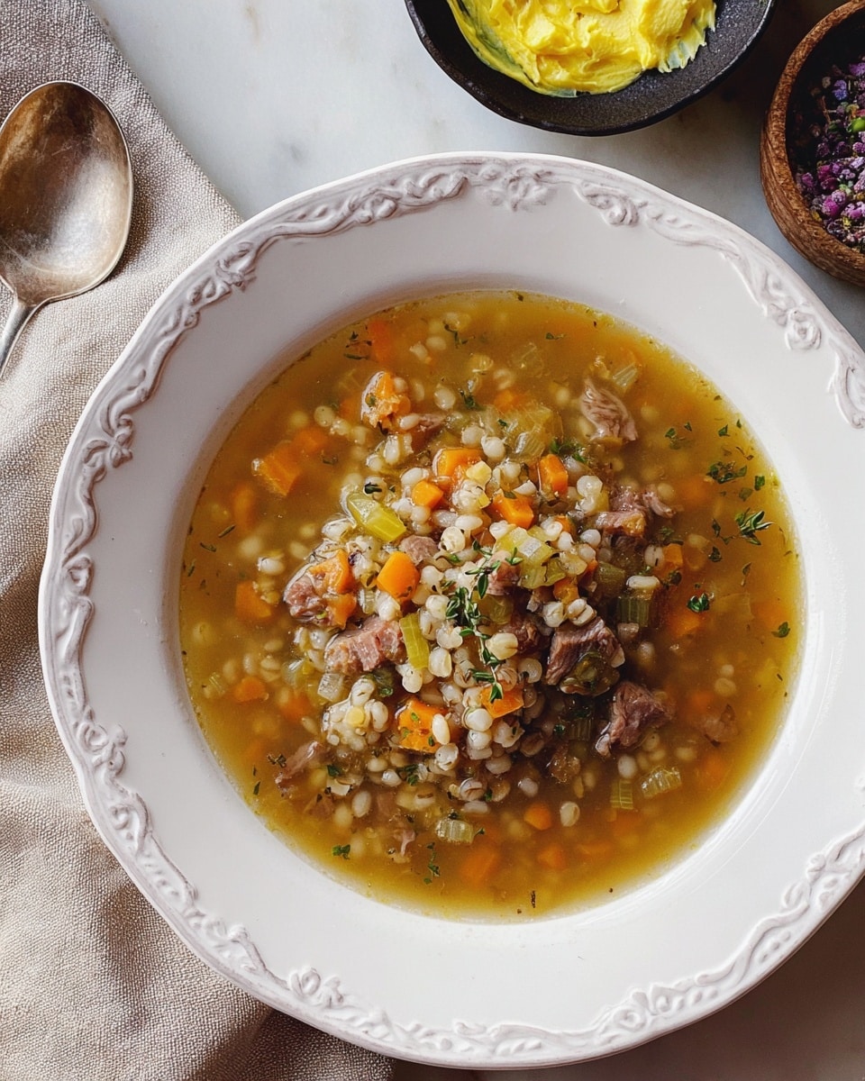 A white plate with a thick soup placed on a white marbled surface, showing small chunks of vegetables like orange carrots, green herbs, and bits of meat all mixed in a light brown broth. On the side, there is a wooden board holding slices of crusty brown bread, and a small black dish with soft yellow butter garnished with herbs and seeds. A silver spoon lies next to the plate on a crumpled light gray cloth, and scattered grain bits and seeds add texture to the scene. The overall look is cozy and rustic. photo taken with an iphone --ar 4:5 --v 7