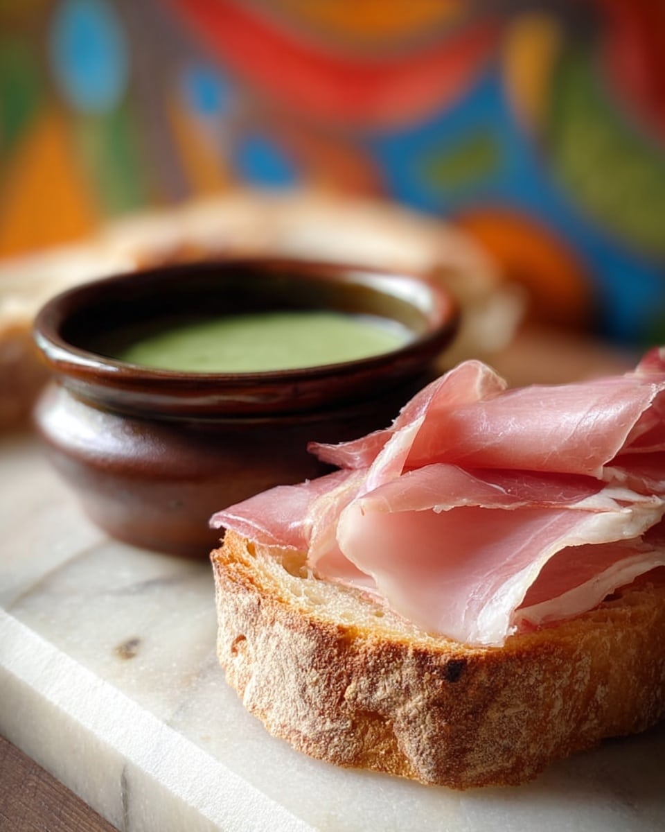 The image shows a bowl of creamy light green soup with a wooden spoon resting inside, placed on a round wooden board. Next to the bowl is a piece of toasted white bread topped with thin slices of pink prosciutto. To the side, there is a stack of sliced white bread on a wooden board, a wedge of pale yellow cheese with a cheese knife on a wooden cutting board, and a black slate plate holding more thin slices of prosciutto. In the upper left corner, a white pot filled with the same creamy green soup sits on a folded brown cloth, with a small blue and silver pepper grinder nearby. The whole scene is set on a wooden surface that shows warm, natural tones. photo taken with an iphone --ar 4:5 --v 7