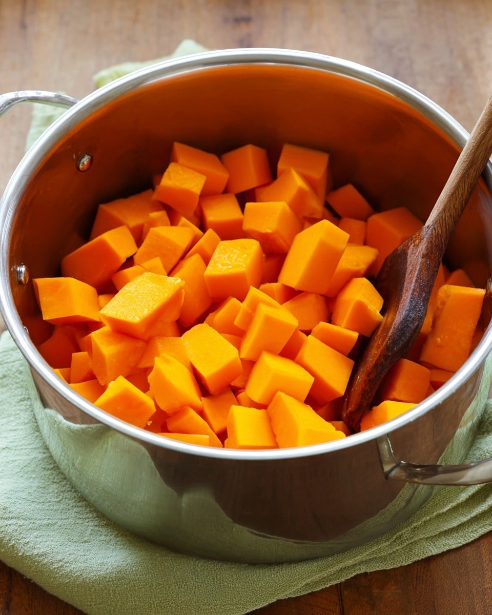 Inside a large silver cooking pot, there are multiple pieces of bright orange diced squash, each cut into thick, chunky cubes with smooth edges. The squash pieces fill the pot roughly halfway, sitting on a wooden spoon resting inside. The shiny metal surface of the pot reflects the orange color softly, showing small rivets near the handles, while the pot itself rests on a folded light green cloth on a wooden surface. photo taken with an iphone --ar 4:5 --v 7