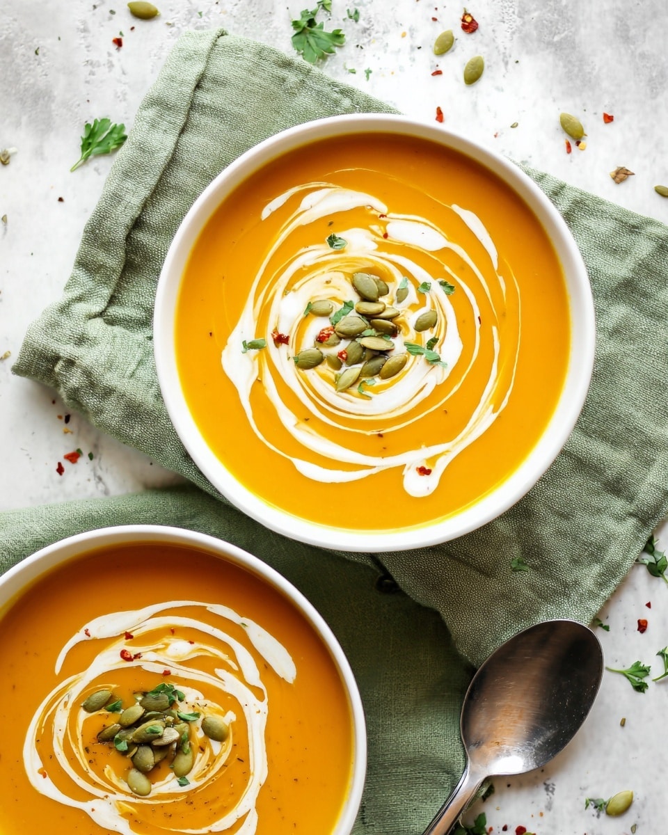 Two white bowls filled with smooth, orange pumpkin soup. Each bowl has a swirl of white cream on top, with the swirl in the front bowl forming a spiral pattern ending in the middle. In the center of both bowls, there’s a small pile of light green pumpkin seeds. Some small green herb pieces are scattered on the soup surface, while a few red spice specks add contrast. The bowls rest on a wrinkled green cloth which lies on a white marbled surface with some scattered herbs around. A silver spoon is placed near the bottom right bowl. Photo taken with an iphone --ar 4:5 --v 7