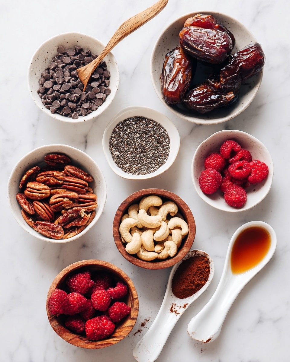 The image shows eight small bowls and spoons with different ingredients on a white marbled surface. From left to right, there is a small white bowl with dark chocolate chips and a wooden spoon, a small wooden bowl filled with three large dates, a white bowl full of dark brown pecans, a white bowl filled with small black chia seeds, a wooden bowl with light-colored cashews, a white bowl of bright red raspberries, a white spoon holding brown cocoa powder, a white spoon with dark brown vanilla extract, and a small white bowl with light brown liquid, likely honey. Photo taken with an iphone --ar 4:5 --v 7