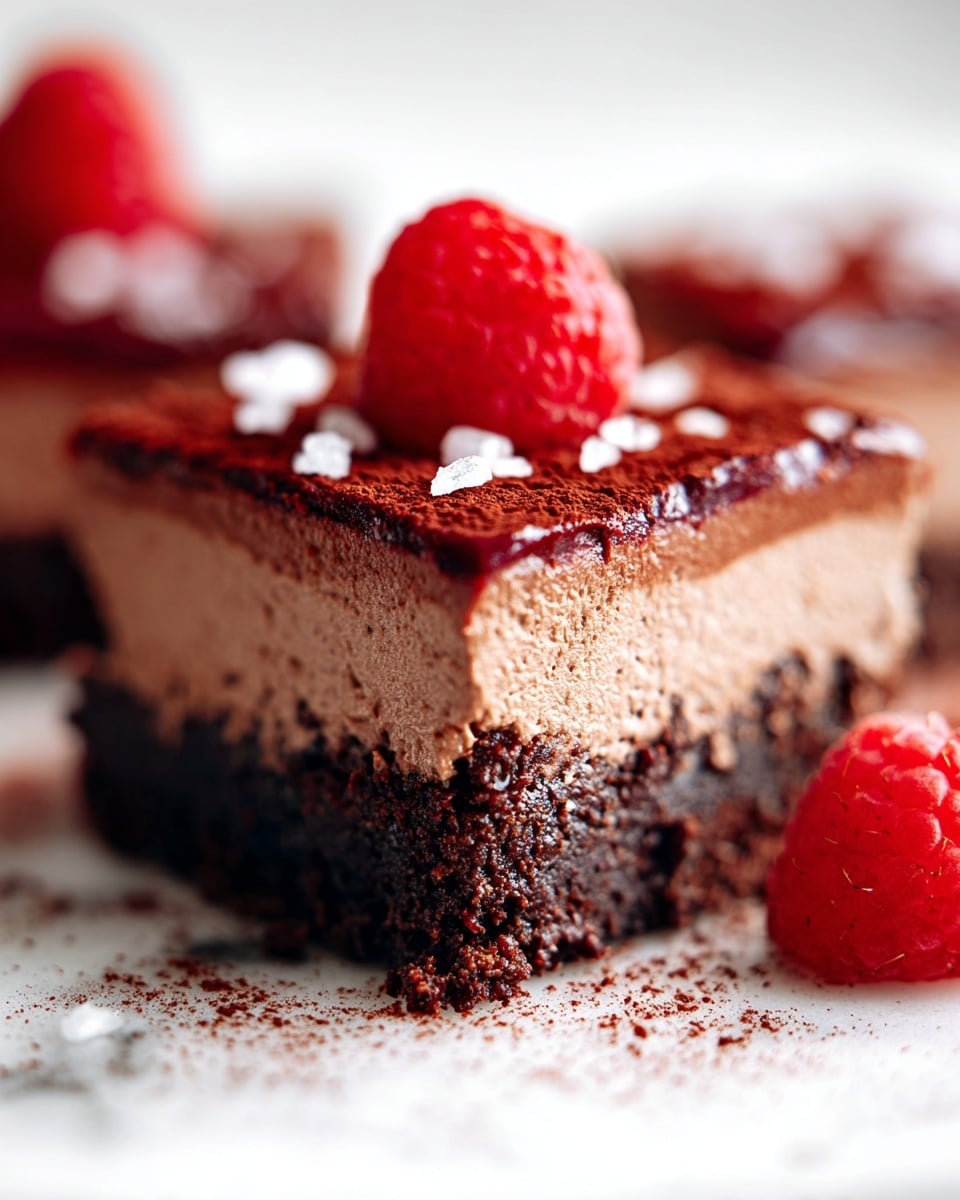 A dark chocolate tart with a rough crust and a smooth, rich filling dusted evenly with cocoa powder, topped with a handful of fresh bright red raspberries in the center and scattered raspberries around the edge; the tart is sliced with two visible slices pulled away, showing a layer of red raspberry filling under the chocolate; the dessert is placed on a white marbled surface with a soft pink cloth partially underneath, giving a cozy feel, photo taken with an iphone --ar 4:5 --v 7