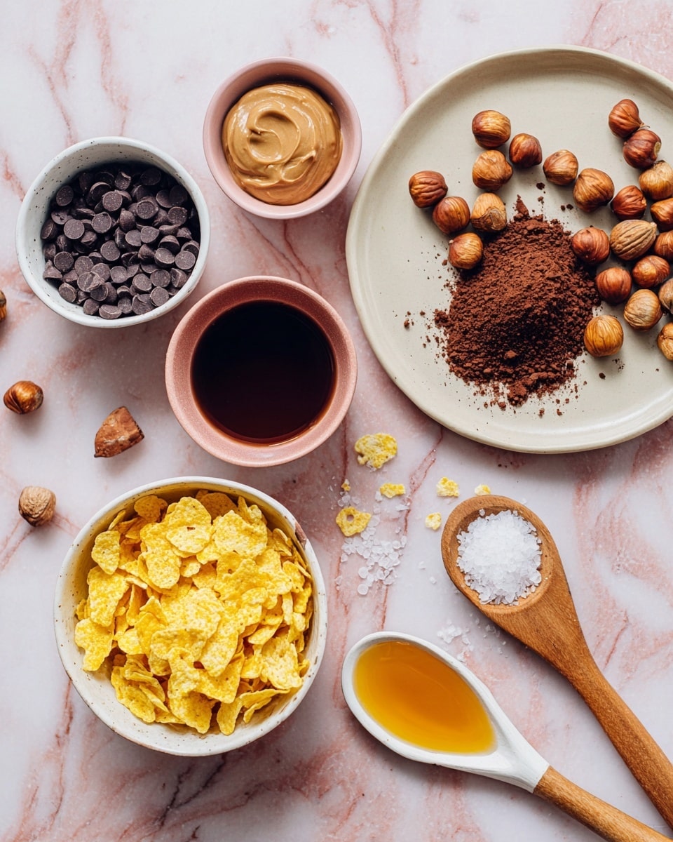 The image shows a top view of various ingredients for cooking or baking arranged on a white marbled surface. There is a white bowl filled with yellow corn flakes in the bottom center, and to the top left of it, a white bowl containing small dark chocolate chips. Nearby, there is a round pink bowl filled with dark brown liquid and another round pink bowl with light brown creamy paste. To the right, a white plate holds whole hazelnuts scattered around, with a wooden spoon full of dark brown cocoa powder and another wooden spoon with white coarse salt beside it. A white ceramic spoon with golden honey rests on the plate. Some hazelnuts are also scattered on the marble surface. Photo taken with an iphone --ar 4:5 --v 7