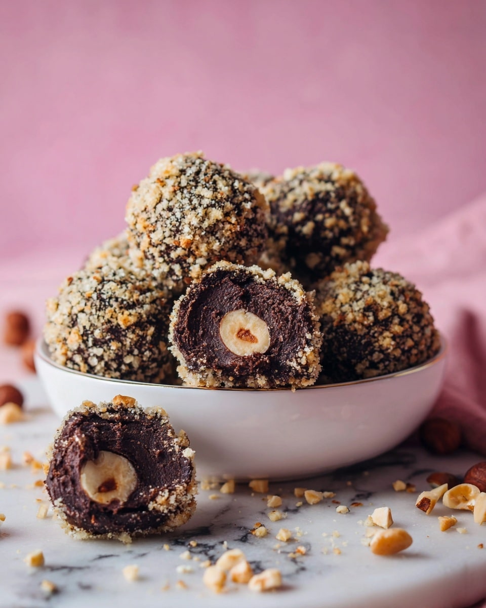 The image shows several small round treats, each with two clear layers. The top layer is a rough, light beige coating made of finely chopped nuts, giving a crunchy texture. The bottom layer is a dark, shiny chocolate layer that looks smooth and thick, topped with a whole hazelnut in the center. The treats are all placed on a white marbled surface with a blurred background showing parts of a white plate with a black zigzag pattern on the edge and a corner of an orange bowl. One treat is in clear focus in the foreground, showing the detailed layers and nut texture photo taken with an iphone --ar 4:5 --v 7