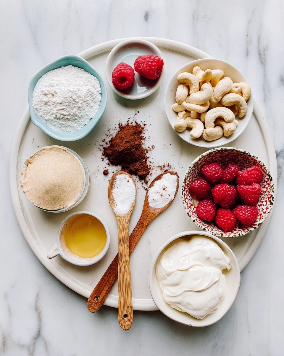 A white round plate holds several small white bowls and spoons with various ingredients arranged neatly. At the top left, a small light blue dish contains white powder, next to two red raspberries on a white marbled surface. A small white bowl filled with pale beige cashew nuts sits near a white ceramic spoon with coarse salt. Two wooden spoons lie next to the bowl, one with white cream and the other with dark brown cocoa powder, some spilled around the spoon. A white ceramic spoon with honey is between the wooden spoons. Below, a white bowl is filled with light tan powder, and next to it is a small cup of pale yellow oil. On the bottom right, part of a patterned bowl contains bright red raspberries, and a white bowl with smooth, thick white cream is visible. The overall background is white marble, and the photo is taken with an iphone --ar 4:5 --v 7