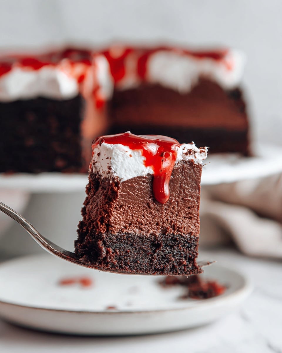 A close-up of a thick slice of dark brown chocolate cake showing fine, moist texture. On top is a fluffy white whipped cream layer with smooth peaks. Bright red syrup is drizzled over the cream and drips down the sides of the cake, adding a striking contrast. The dessert sits on a white marbled surface with some crumbs and syrup drops scattered around. A silver fork lies nearby. Photo taken with an iphone --ar 4:5 --v 7