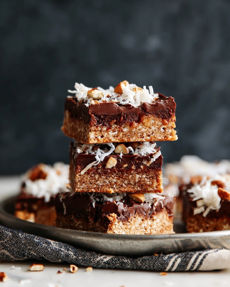 Four square bars are neatly placed on a gray metal tray lined with a blue cloth, all set on a white marbled surface. Each bar has a crumbly brown base, topped with a layer of creamy white, drizzles of caramel, melted dark chocolate chips scattered on top, and sprinkled with white coconut flakes and pecan pieces, creating a textured and colorful presentation. Around the tray, there are small bowls filled with dark chocolate chips, coconut flakes, and pecans, along with a silver spoon holding a dollop of caramel, adding to the visual richness of the scene. Several chocolate chips and small coconut flakes are scattered on the white marbled surface, giving a casual, inviting look. photo taken with an iphone --ar 4:5 --v 7