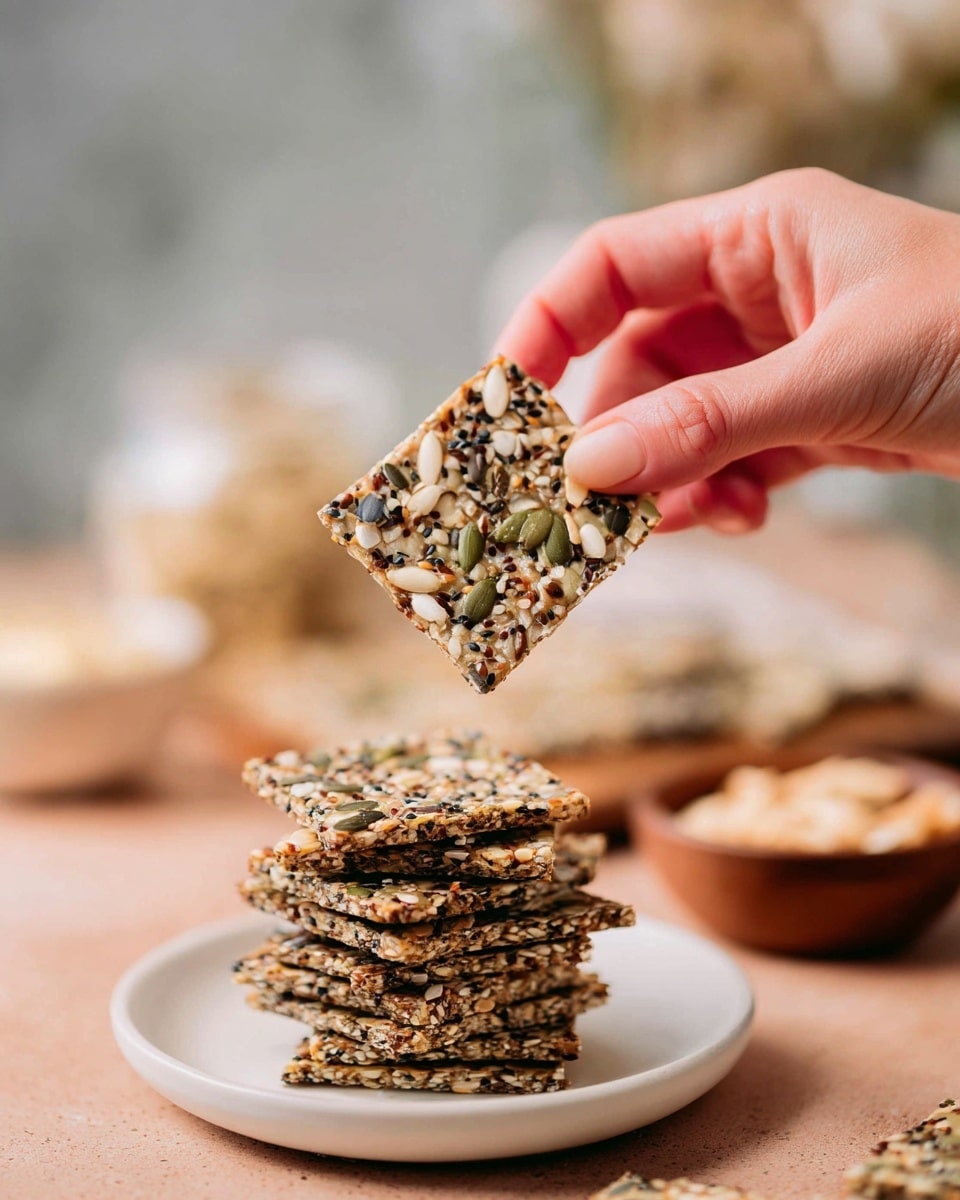 A woman's hand holds a single thin square seed cracker filled with mixed seeds and grains, showing its detailed texture in a light brown color with visible shades of white, black, and green seeds. Below, there is a neat stack of similar seed crackers on a white plate, each cracker showing the same mix of seeds and a crunchy texture. More seed crackers and small bowls with pale contents are blurred in the background on a white marbled surface, creating a cozy kitchen scene. Photo taken with an iphone --ar 4:5 --v 7