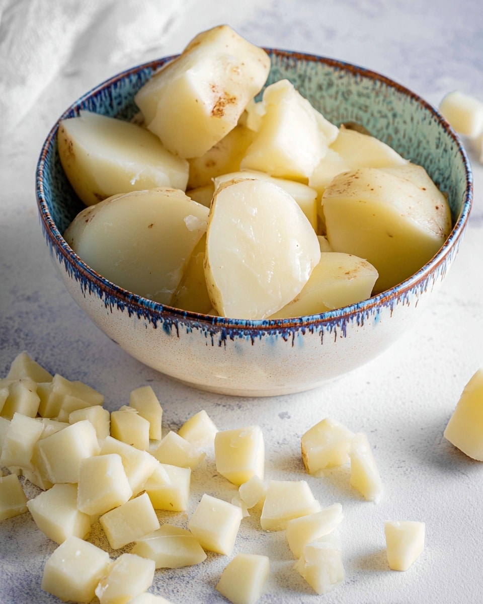 The image shows a white bowl filled with crispy roasted potato pieces that are light golden brown with a slightly rough texture from the roasting. The potato pieces are uneven cubes, some with more golden edges than others, mixed with small green herb bits sprinkled on top. To the right of the bowl, there are two dark brown slices of bread with a rough, grainy texture placed on a white marbled surface. The overall color contrast between the golden potatoes, green herbs, and brown bread is clear and vibrant. Photo taken with an iphone --ar 4:5 --v 7