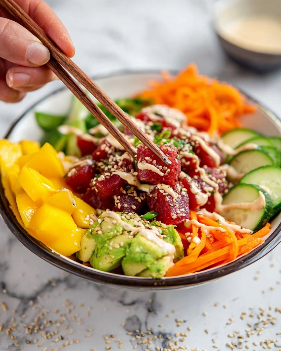 A white bowl with a dark rim holds a colorful poke bowl arranged in layers. At the bottom, bright yellow mango chunks lie on one side, with green avocado pieces next to them. Light green cucumber slices are placed on the opposite side, and orange shredded carrots rest beside them. On top in the middle is a pile of red marinated tuna cubes sprinkled with white sesame seeds and drizzled with a creamy light sauce. A woman's hand is using wooden chopsticks to lift a piece of the tuna. The bowl sits on a white marbled surface with scattered sesame seeds around it. photo taken with an iphone --ar 4:5 --v 7