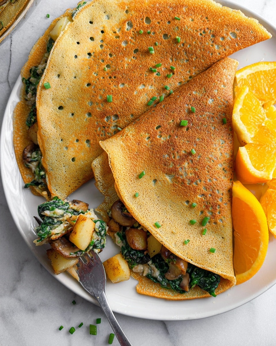 A white plate holds a folded golden-brown crepe with a slightly crisp texture and small holes on top, sprinkled lightly with chopped green herbs. Inside the crepe, visible near the edges, are dark green spinach leaves and bits of dark brown mushrooms. Next to the crepe on the plate are soft-cooked white potato chunks with a light golden seasoning. Two orange slices with a bright color rest beside the crepe and potatoes. The plate sits on a white marbled surface with a blue napkin underneath, and a brass fork lies nearby. Photo taken with an iphone --ar 4:5 --v 7