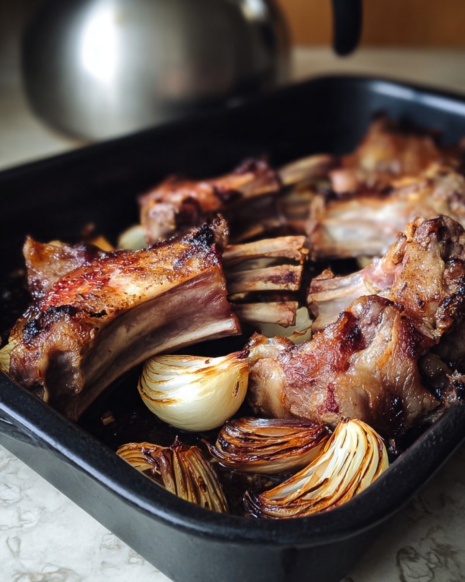 A close-up view of a black roasting pan filled with several browned lamb ribs lying flat, showing a mix of crispy, golden-brown textures and soft pinkish areas, with charred onion halves, browned and slightly blackened at the edges, scattered around the meat. The background is a white marbled surface with a metal kettle partially visible behind. The lighting highlights the juicy, cooked meat and the rich, burnt marks on the onions, creating a warm, hearty look. photo taken with an iphone --ar 4:5 --v 7
