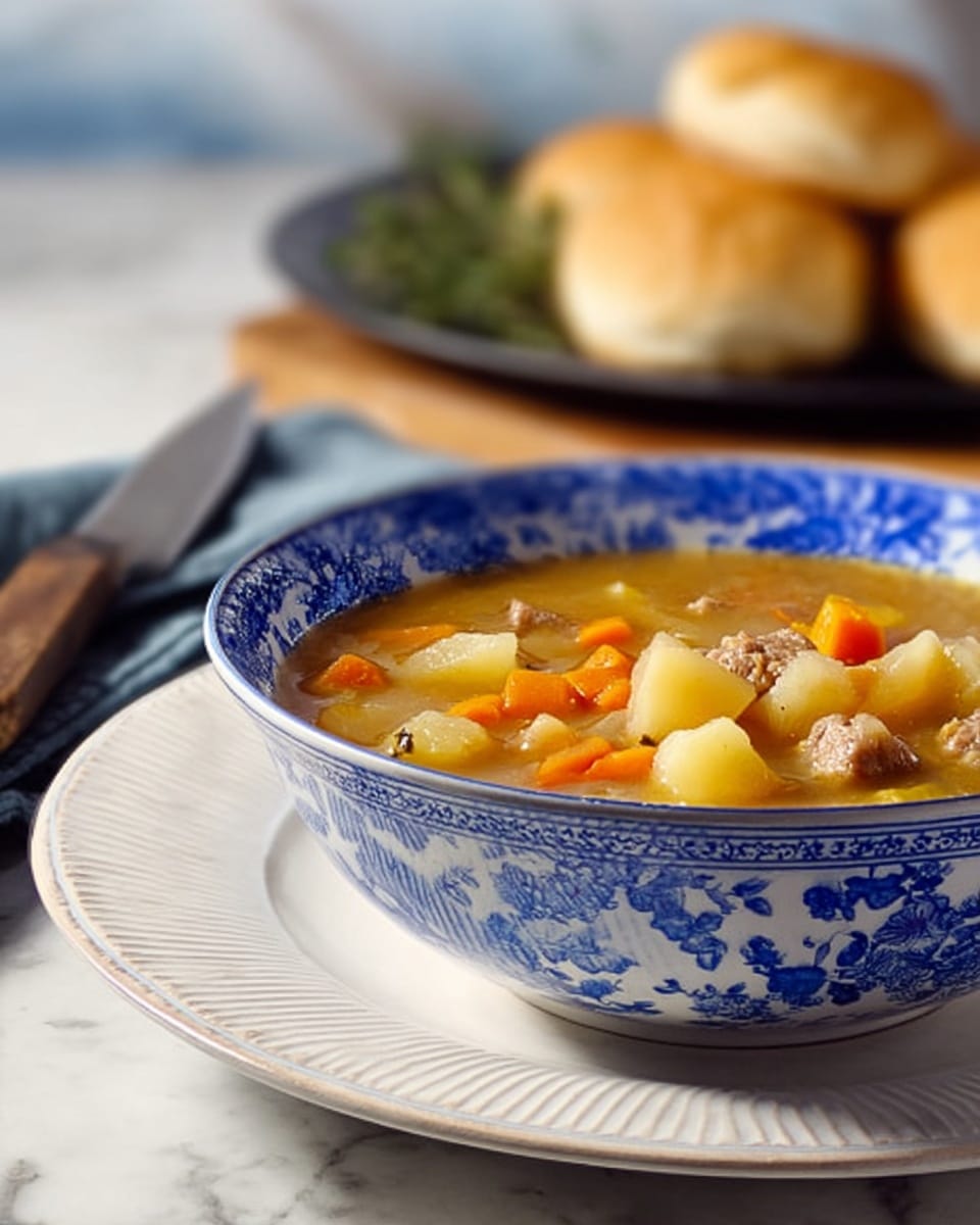 A deep white bowl with a blue floral pattern holds a thick soup filled with small cubes of light brown meat, light yellow potatoes, and orange carrots, all mixed in a golden broth. Behind it, there is a white plate with a blue floral edge containing three round light brown biscuits, one split open showing a soft, creamy white interior. The dishes are set on a white marbled surface with some green leaves in the background. Photo taken with an iphone --ar 4:5 --v 7