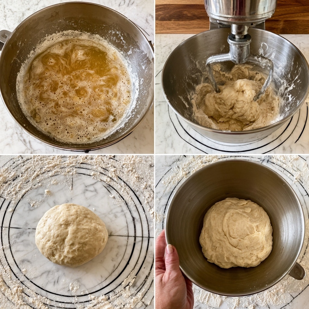Four images show steps of dough preparation. The first image shows a metal bowl with foamy, golden liquid mixed with flour inside, placed on a white marbled surface. The second image has a kitchen mixer with dough starting to form and stick to the mixer hook inside the metal bowl, also on the white marbled surface with a wooden background. The third image shows a woman's hand holding a round, smooth dough ball placed on a floured white marbled surface with black circular measurement marks. The fourth image shows the same metal bowl containing the dough ball, held by a woman's hand, again on the floured, marked white marbled surface. Photo taken with an iphone --ar 4:5 --v 7