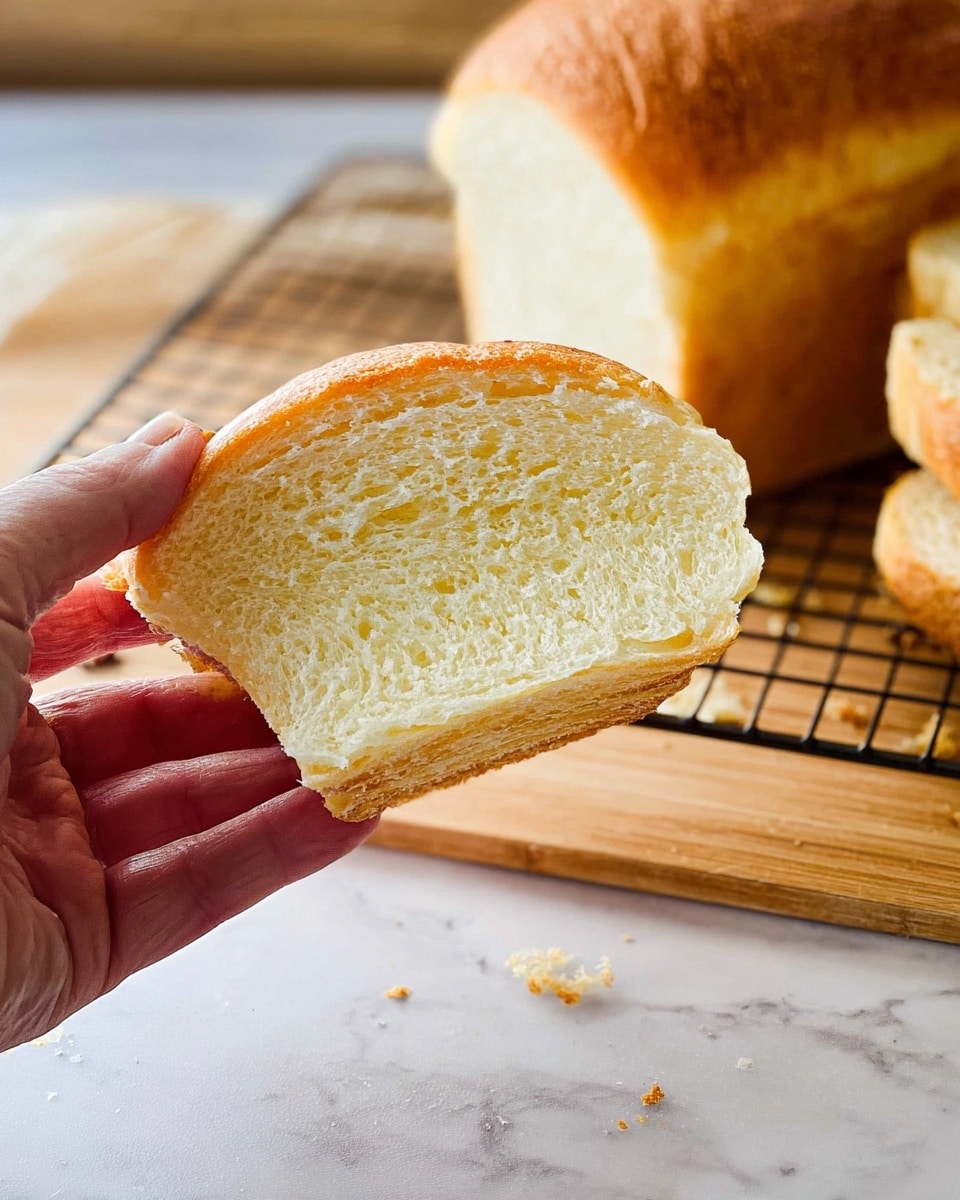 A wooden cutting board with a long white bread loaf placed on it, sliced in the front showing soft, airy, and light-colored inside with a thin, golden crust; more parts of the whole unsliced loaf are visible in the background on a white marbled surface, along with a serrated knife with a black handle lying in the front near the bread. photo taken with an iphone --ar 4:5 --v 7