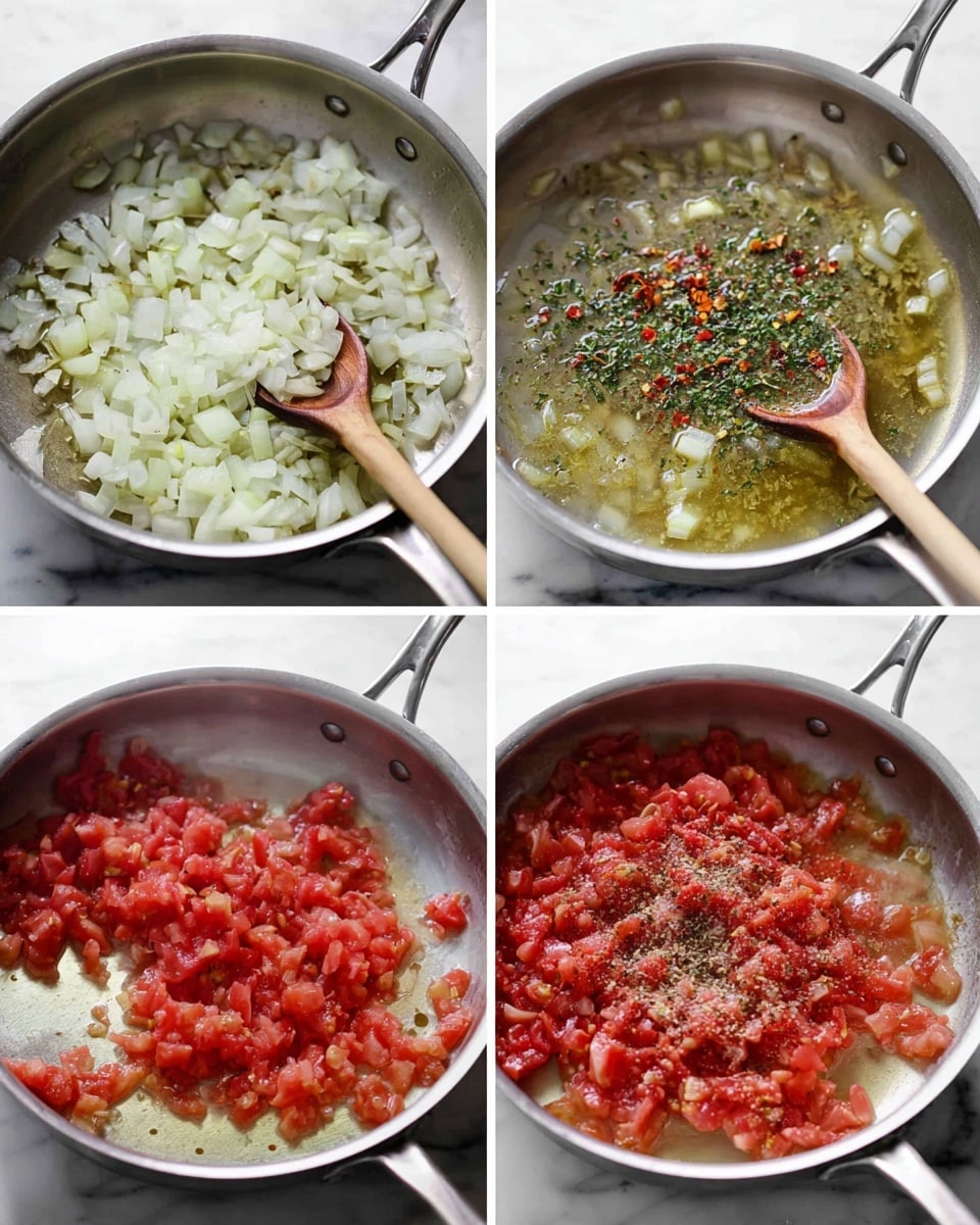 A stainless steel pan on a white marbled surface shows four stages of cooking with a wooden spoon inside. The first stage has white chopped onions in olive oil, soft and translucent. The second stage adds small green herbs and red chili flakes on top of the onions, lightly browned. The third stage shows the onions and herbs simmering with liquid in the pan, creating a clear, slightly thick sauce. The final stage features a large layer of red diced tomatoes added on top, mixed with black pepper and seasoning, stirring to blend. Photo taken with an iphone --ar 4:5 --v 7