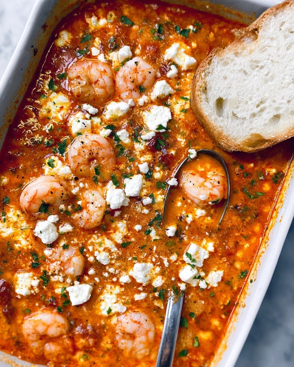 A pan filled with a rich red-orange shrimp stew showing about two main layers: the bottom layer is a thick tomato-based broth with visible shrimp scattered throughout, giving an orange-pink color and a slightly shiny texture, while the top layer has white crumbled cheese sprinkled generously along with chopped green herbs, adding contrast and freshness; a white slice of bread is dipped on the right side into the stew, and there is a spoon inside the pan on the right; the pan is on a white marbled surface with some bread slices near the top left corner and jars of spices in the background; a woman's hand holding the spoon is partly visible; photo taken with an iphone --ar 4:5 --v 7