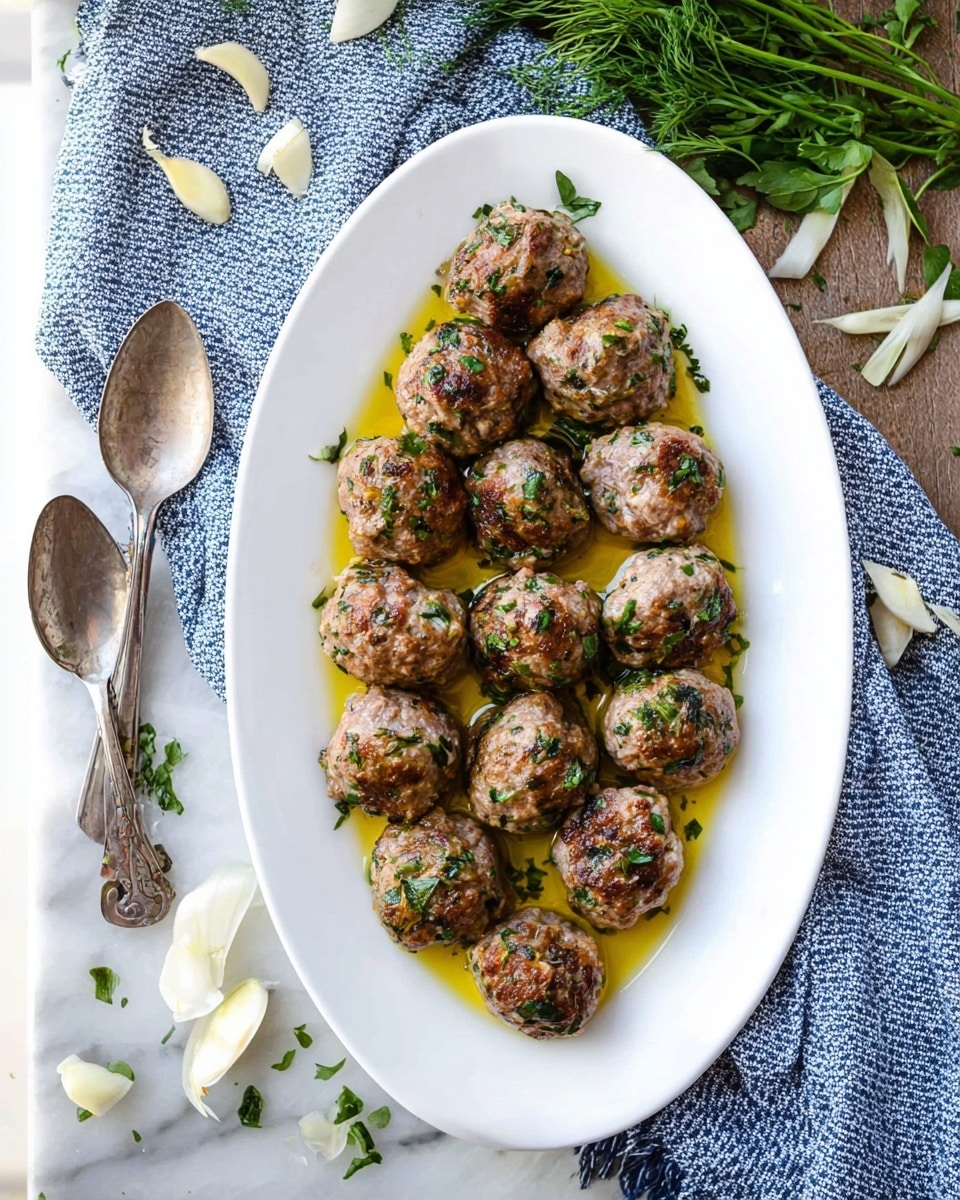A white oval dish is filled with two layers of round meatballs that are browned on the outside and topped with chopped green herbs. The meatballs sit in a shallow pool of golden oil that reflects light. On the left side of the dish, a silver fork and spoon rest on the edge, with a white cloth that has blue patterns underneath the dish. The whole scene is set on a white marbled surface. photo taken with an iphone --ar 4:5 --v 7