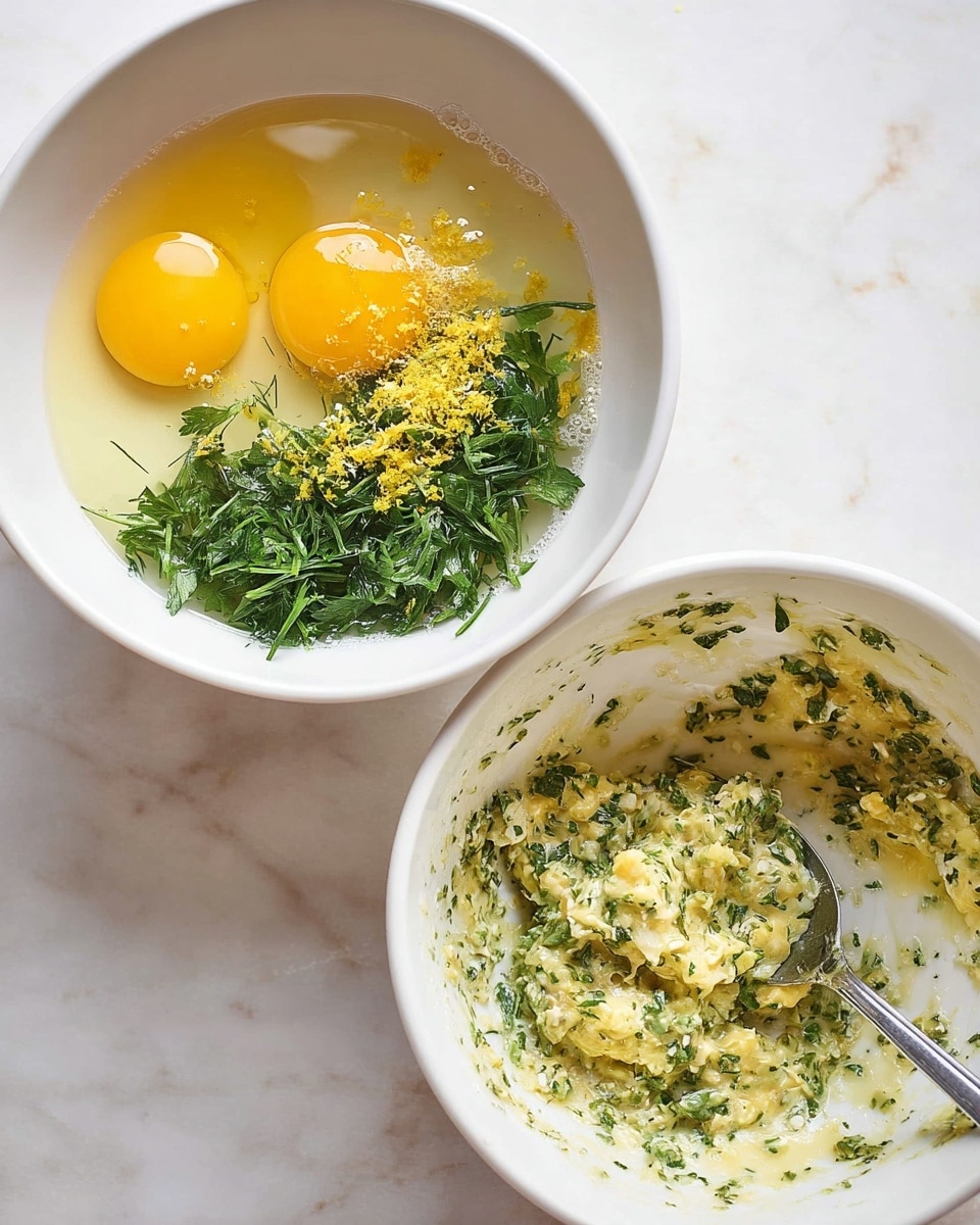 Two white bowls sit on a white marbled surface in a side-by-side image. The left bowl holds separate layers: two bright yellow egg yolks floating on clear egg whites, fresh green chopped herbs, yellow lemon zest, and light beige dry ingredients. The right bowl shows the same contents mixed into a thick, creamy, pale yellow-green mixture with small flecks of herbs and zest throughout. A silver spoon rests inside the right bowl. Photo taken with an iphone --ar 4:5 --v 7