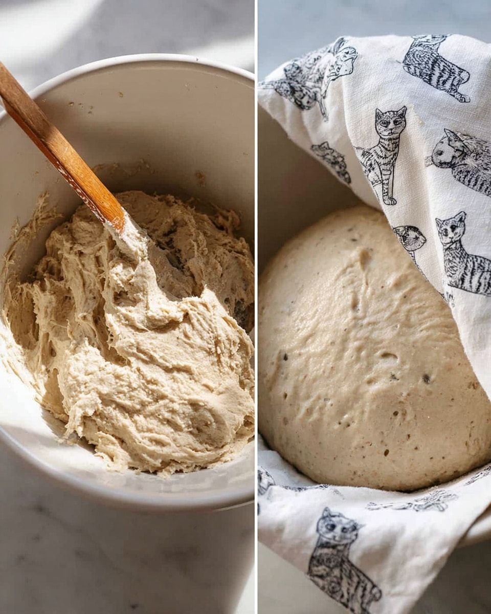 The image shows two steps of making dough side by side on a white marbled surface. On the left, there is a white bowl with rough, thick pale beige dough being mixed by a wooden spoon with a brown handle, giving the dough a coarse texture. On the right, a smooth, light beige dough with small air bubbles on the surface is in a white bowl, partially covered by a white cloth printed with black cat illustrations. The scene has soft lighting that highlights the dough textures well. photo taken with an iphone --ar 4:5 --v 7