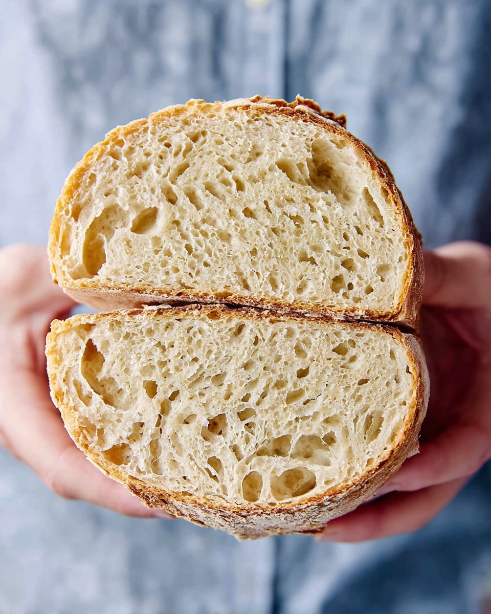 A close-up of a freshly baked round loaf of bread with a golden-brown crust that is cracked open on top, showing a soft, airy, light beige inside. The loaf is dusted lightly with white flour and rests on white parchment paper inside a white pot with a blue handle. The pot is placed on a white marbled texture surface. The crust has a slightly shiny, crisp texture with some darker brown spots on the edges. photo taken with an iphone --ar 4:5 --v 7